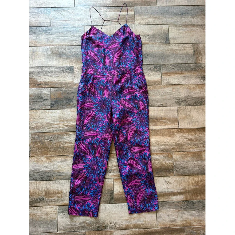 J.Crew Midnight Floral Silk Jumpsuit size 6 Pockets Silk! purple fuchsia magenta